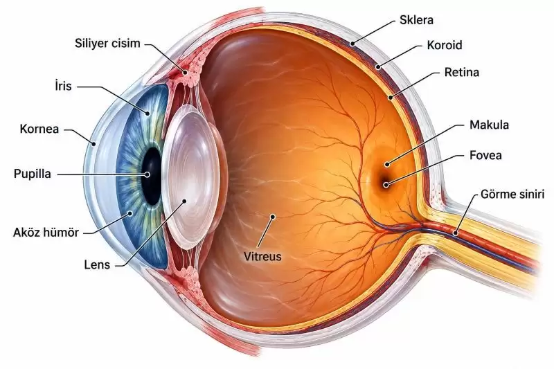 Göz anatomisi: kornea, iris, pupilla, lens, vitreus, retina, makula, fovea, koroid, sklera ve görme siniri