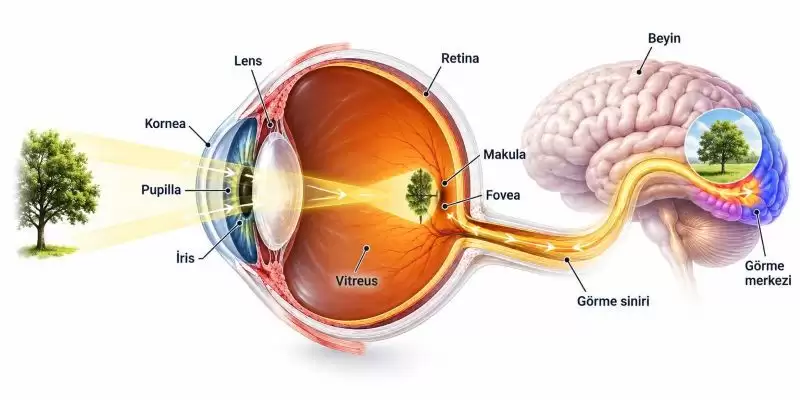 Işığın kornea, pupilla, lens, vitreus ve retinadan geçerek görme siniri ve beyne iletilmesi