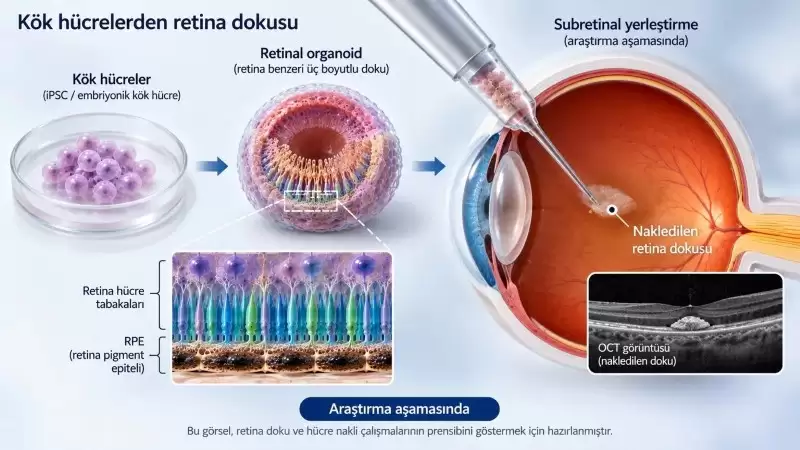  Kök hücrelerden retinal organoid adı verilen retina benzeri üç boyutlu dokunun geliştirilmesi ve araştırma amaçlı subretinal yerleştirilmesini gösteren tıbbi şema.