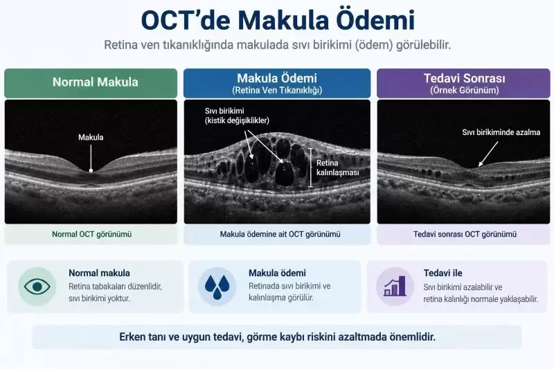 Retina ven tıkanıklığına bağlı makula ödeminin OCT’de normal makula ve tedavi sonrası görünümle karşılaştırılması.