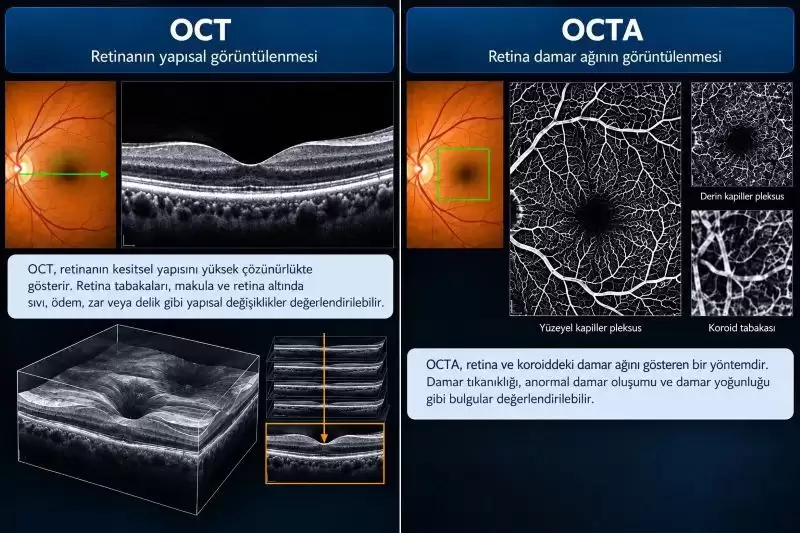 OCT ve OCTA farkı: retina yapısal görüntüleme ve retina damar ağı görüntüleme karşılaştırması