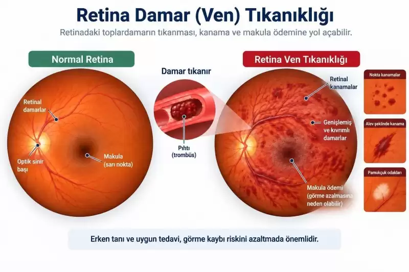 Retina damar (ven) tıkanıklığında normal retina ile ven tıkanıklığına bağlı retina kanamaları ve makula ödeminin karşılaştırılması.