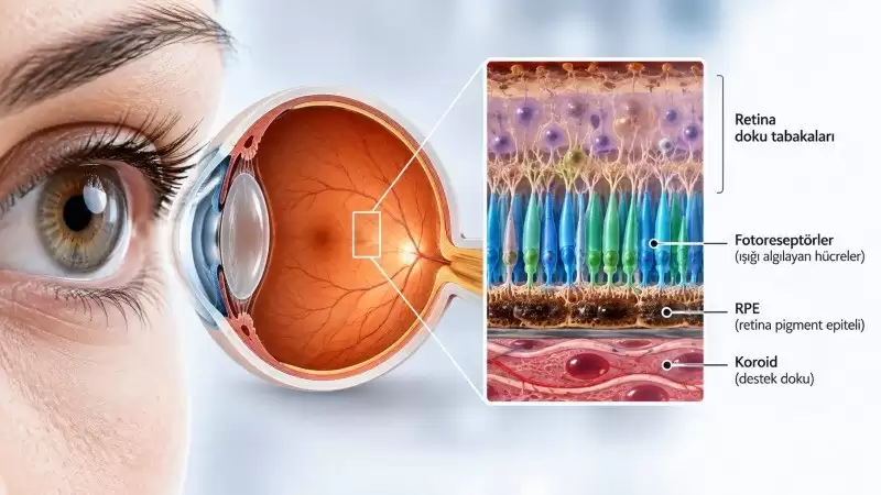 Retina anatomisi, fotoreseptörler, retina pigment epiteli (RPE) ve koroid tabakalarını gösteren tıbbi görsel.