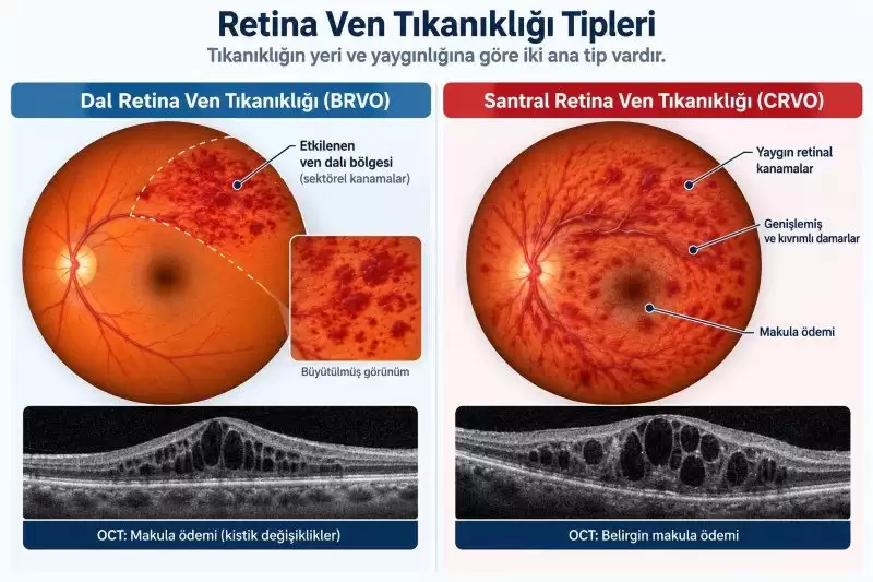 Dal retina ven tıkanıklığı (BRVO) ile santral retina ven tıkanıklığının (CRVO) fundus ve OCT bulgularının karşılaştırılması.