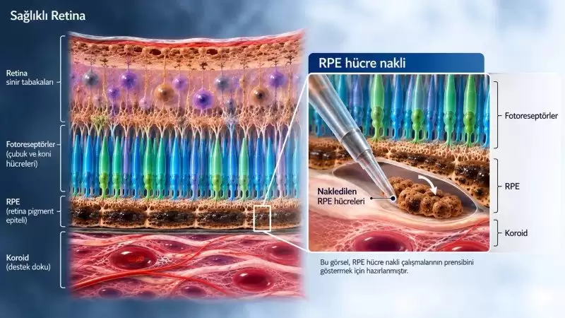 Sağlıklı retina tabakaları ve retina pigment epiteli (RPE) hücre naklinin prensibini gösteren tıbbi illüstrasyon.